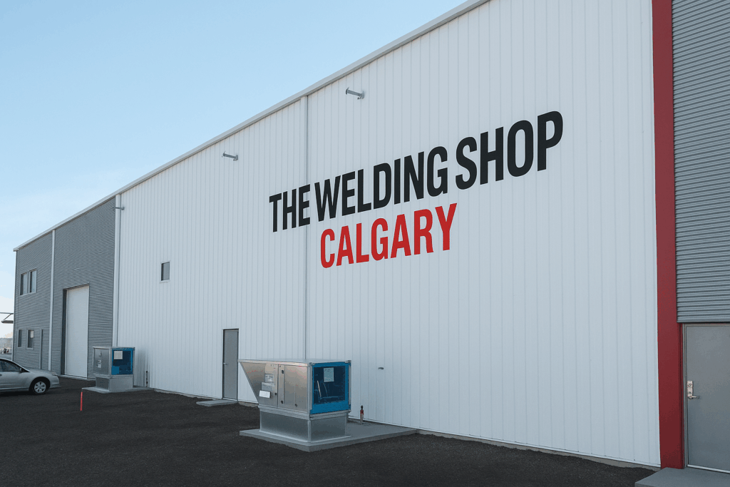 An image of the new Welding Shop Calgary Building with a black and white logo of the business on the side.